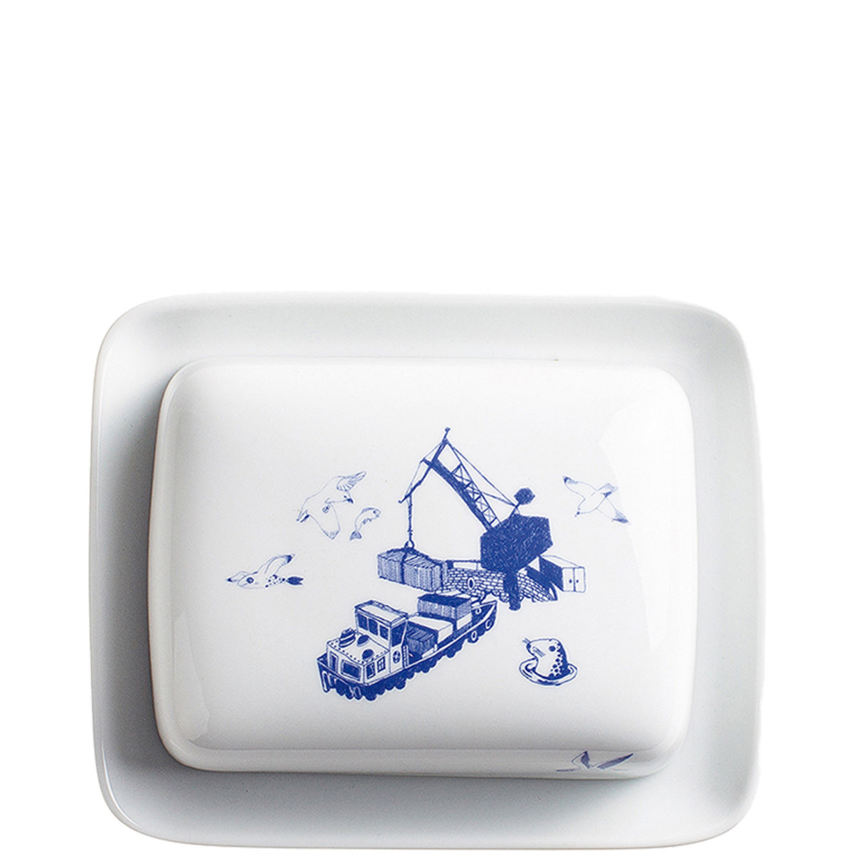 Kahla Butterdose, eckig Porzellan Hafenszene 17.3x14.2x5.8 cm (LxBxH); blau