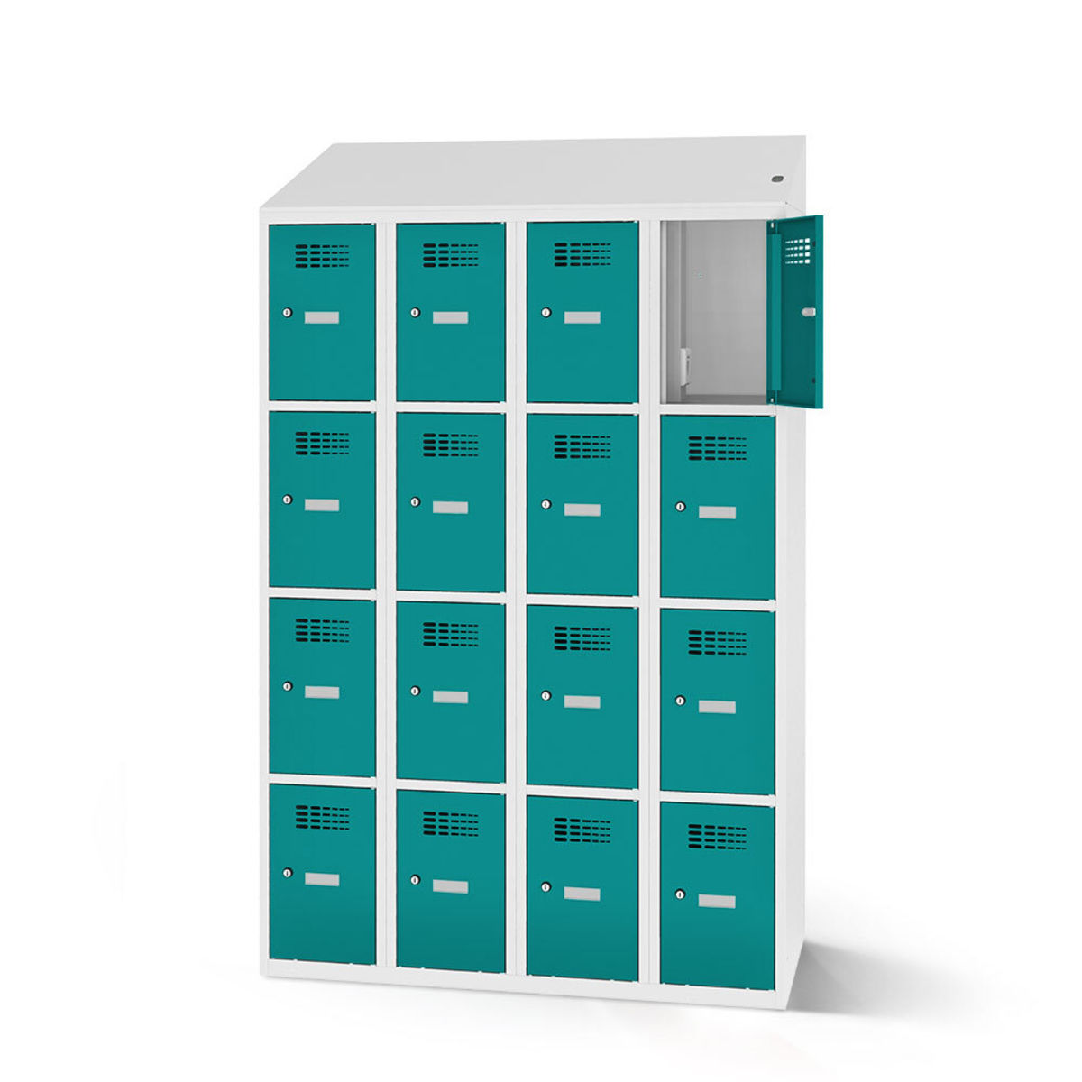 rotstahl Fächerschrank mit Ladefunktion 16 Fächer mit lichtgrauem Korpus 120x200 cm (BxH); türkis