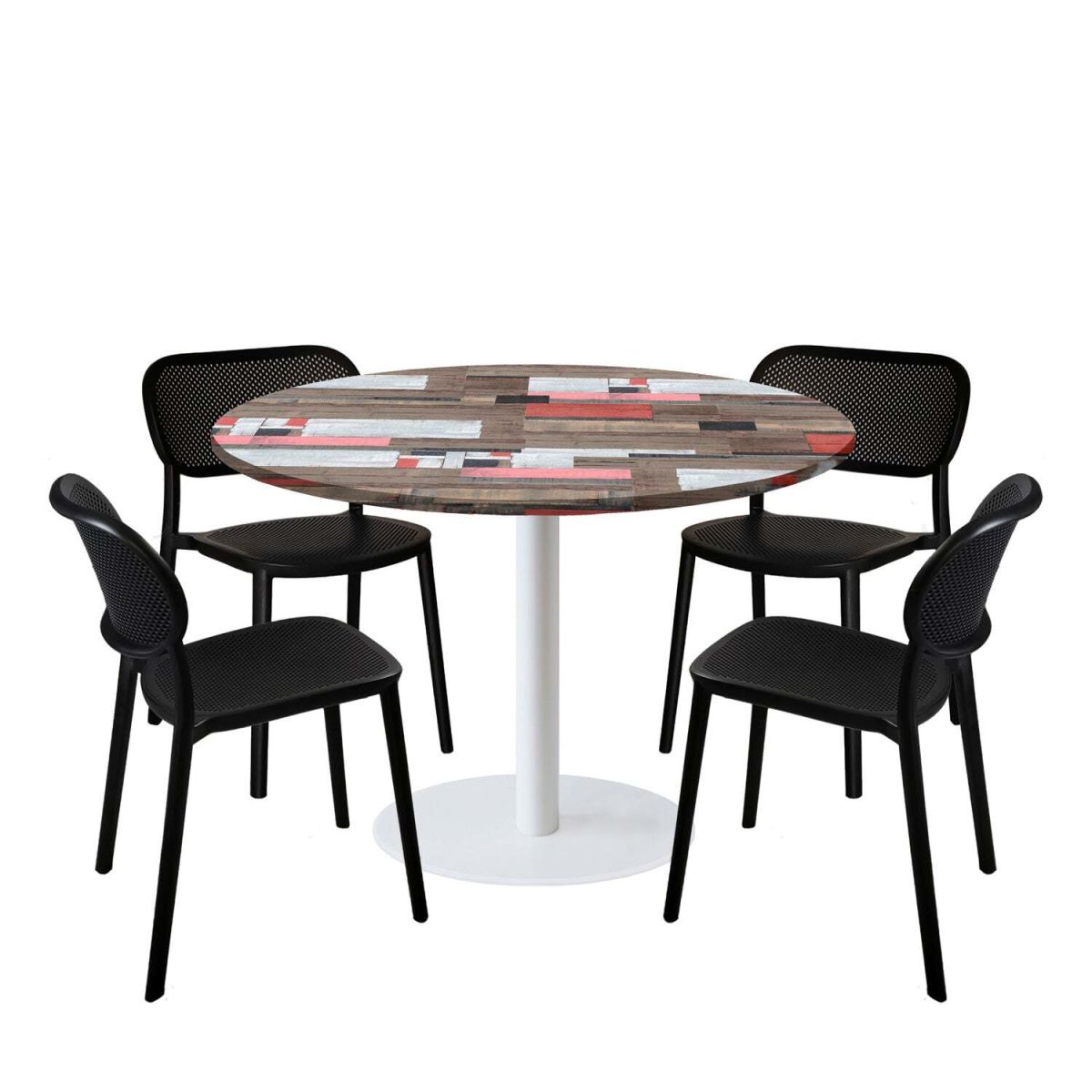 RestooTab Esstisch-Set Rome XL Gestell weiß mit 4 Stühlen - Dekor Holz & Uni 120x120x75x120 cm (LxBxHxØ); mehrfarbig; Gestell schwarz; rund