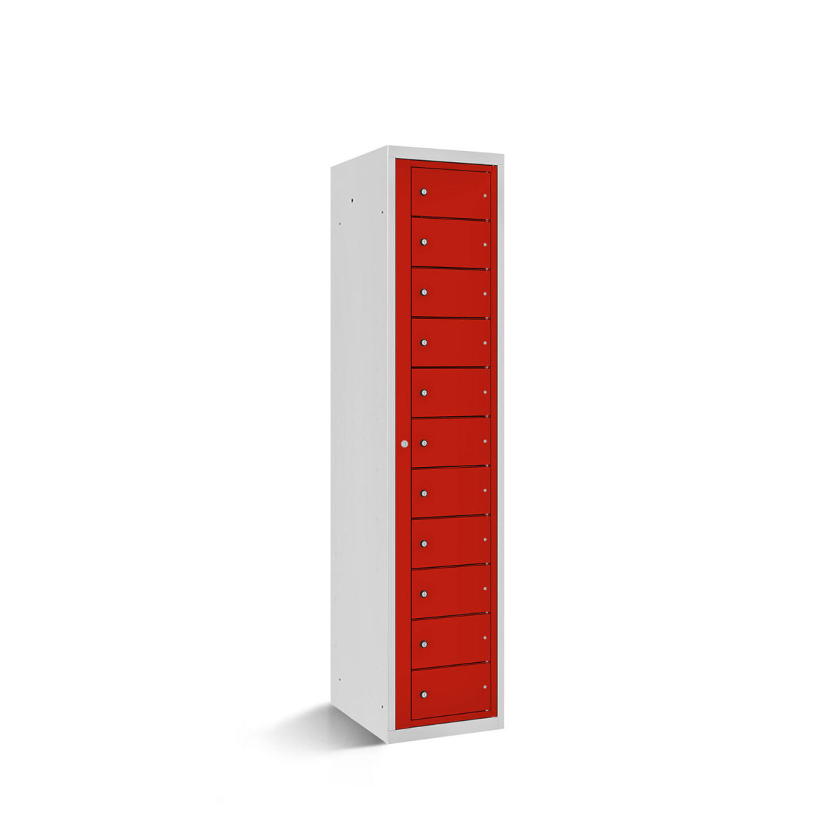 rotstahl Fächerschrank mit Zentraltür 11 Fächer mit lichtgrauem Korpus 40x50x180 cm (BxTxH); rot