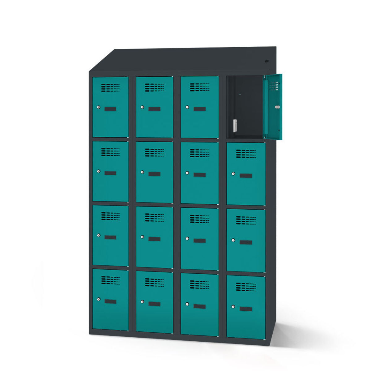 rotstahl Fächerschrank mit Ladefunktion 16 Fächer mit anthrazitgrauem Korpus 120x200 cm (BxH); türkis