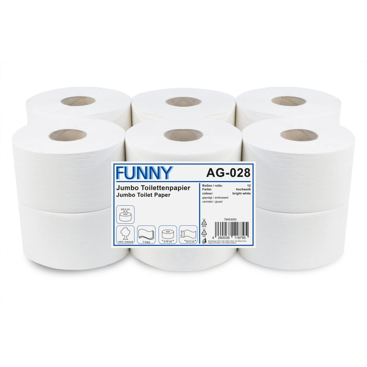 Plock Jumbo-Toilettenpapier, 3-lagig, Zellstoff 19 cm (Ø); weiß; 12 Rolle(n) / Pack