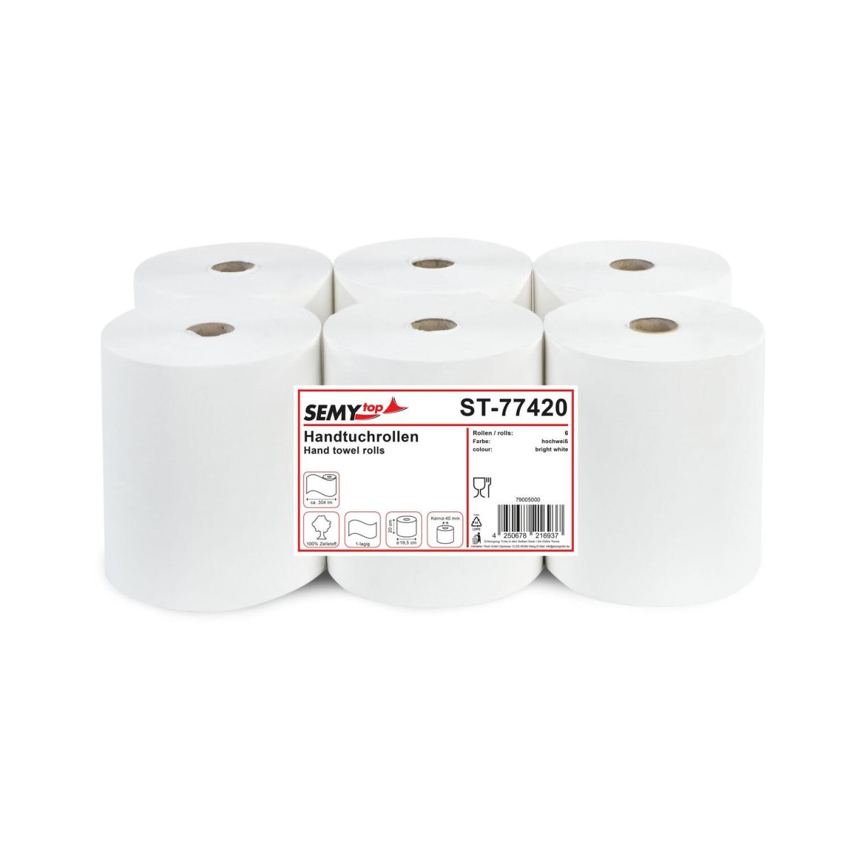 Plock Handtuchrolle Semytop, 1-lagig, 304 m,6 Rollen 58.5x39x20x19.5 cm (LxBxHxØ); weiß; 6 Rolle(n) / Pack
