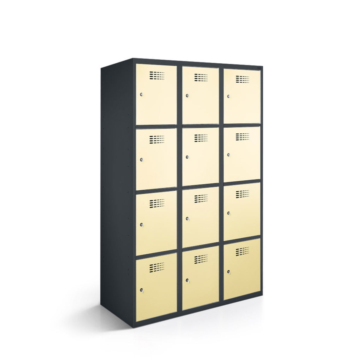 rotstahl Fächerschrank 12 Fächer 3x4 mit anthrazitgrauem Korpus 120x50x180 cm (BxTxH); elfenbein