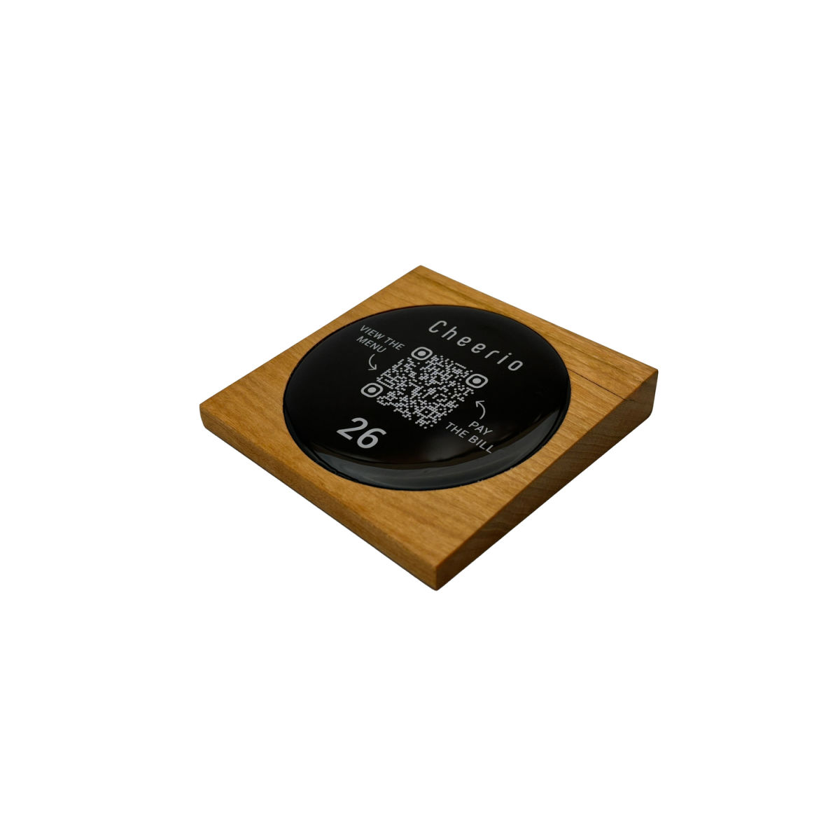 PRODUCTMATE Tischaufsteller liegend schräg mit QR-Code Aufkleber glänzend 11x11 cm (BxH); kirschbaum antik/braun antik; 25 Stück / Pack