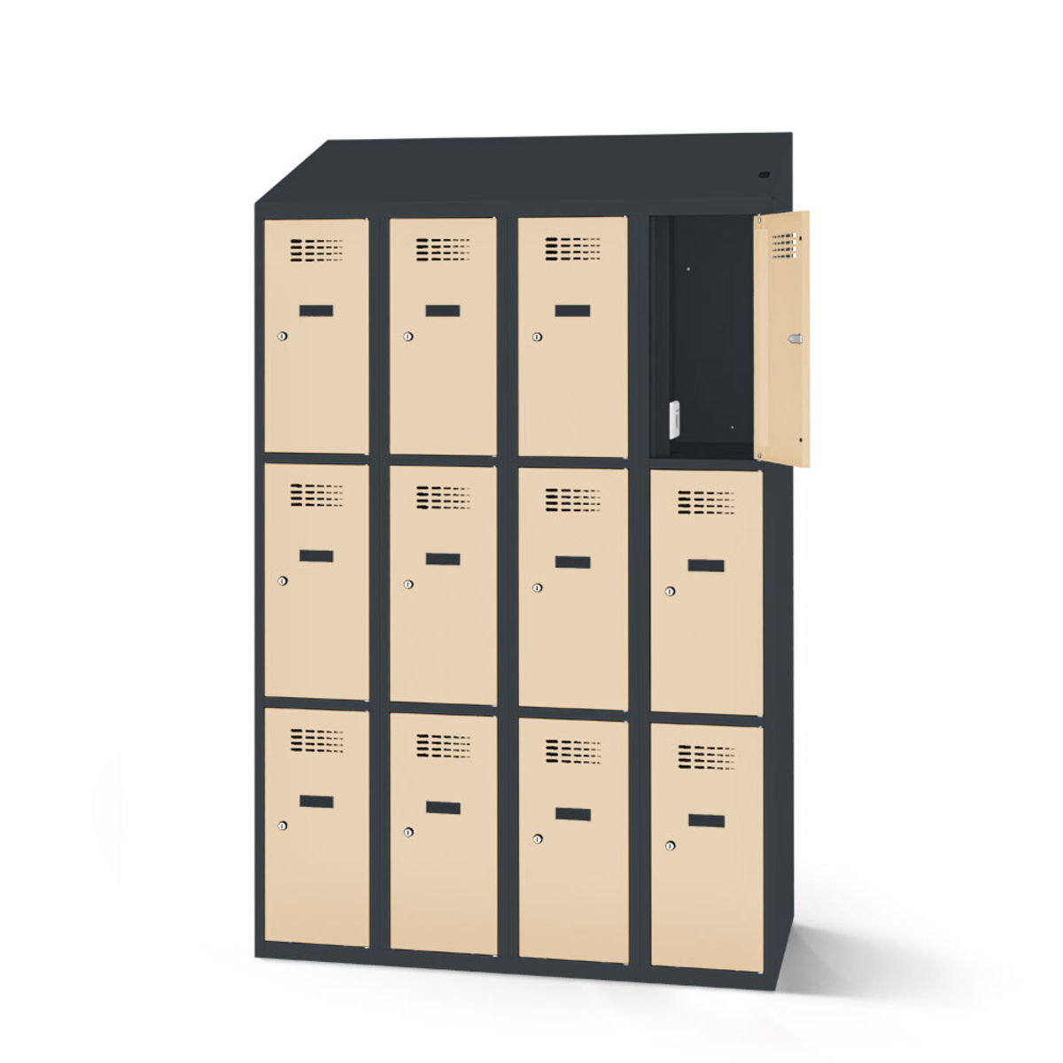 rotstahl Fächerschrank mit Ladefunktion 12 Fächer 4x3 mit anthrazitgrauem Korpus 120x200 cm (BxH); elfenbein