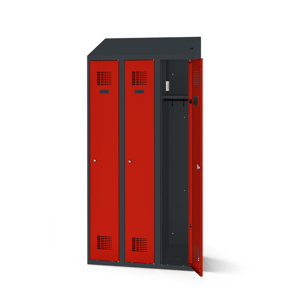 rotstahl Kleiderspind mit Ladefunktion 3 Türen mit anthrazitgrauem Korpus 120x200 cm (BxH); rot