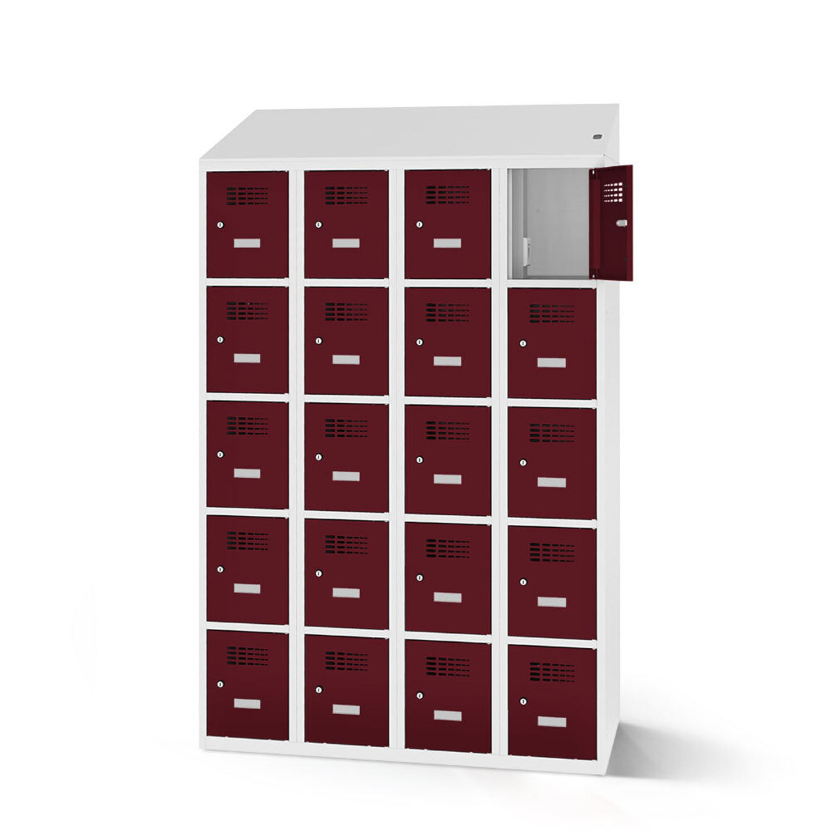 rotstahl Fächerschrank mit Ladefunktion 20 Fächer mit lichtgrauem Korpus 120x200 cm (BxH); bordeaux