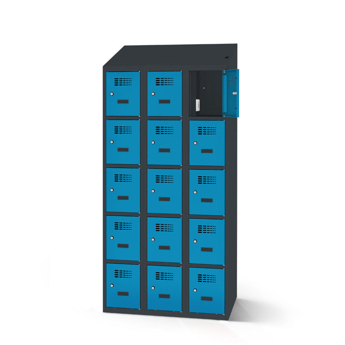 rotstahl Fächerschrank mit Ladefunktion 15 Fächer mit anthrazitgrauem Korpus 90x200 cm (BxH); blau