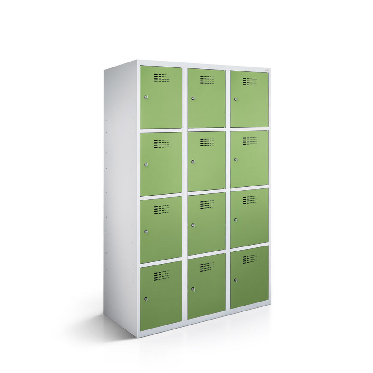 rotstahl Fächerschrank 12 Fächer 3x4 mit lichtgrauem Korpus 90x50x180 cm (BxTxH); hellgrün