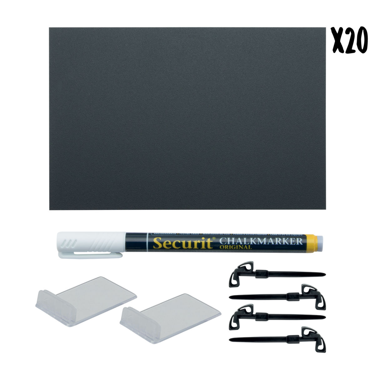 Securit Set di 20 Lavagnette da Tavolo Tags A6 - Bianco - Pennarello gesso nero e accessori inclusi; 10.5x14.5 cm (LxH); nero