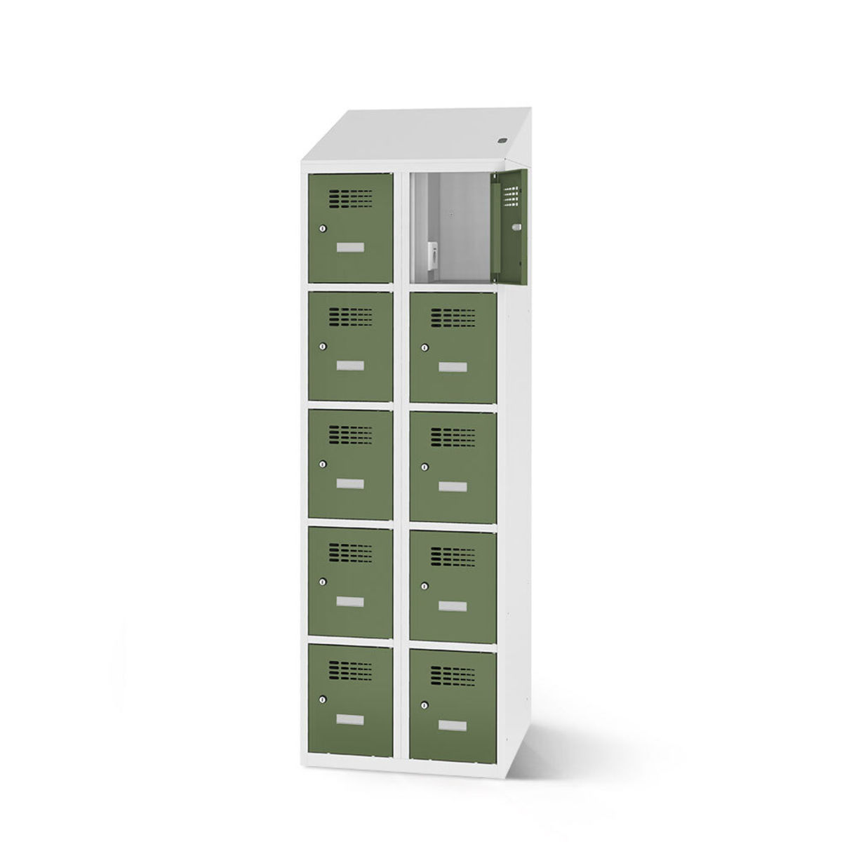 rotstahl Fächerschrank mit Ladefunktion 10 Fächer mit lichtgrauem Korpus 60x200 cm (BxH); hellgrün