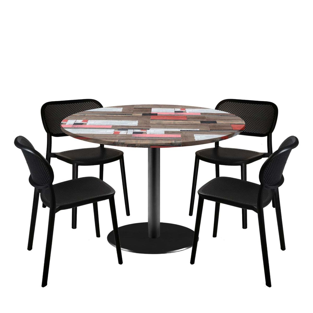 RestooTab Esstisch-Set Rome XL mit 4 Stühlen - Dekor Holz 120x120x75x120 cm (LxBxHxØ); mehrfarbig; Gestell schwarz; rund