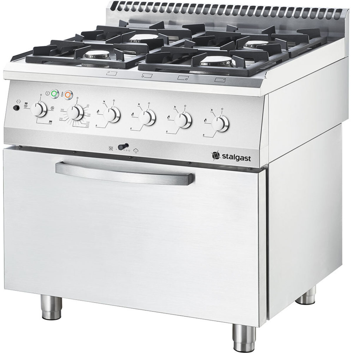 Stalgast Edelstahl Gasherd Basic mit 4 Brennern (4x3,5 kW) und Elektro-Umluft-Backofen GN 2/1, Serie 700 ND 80x70x85 cm (BxTxH); silber