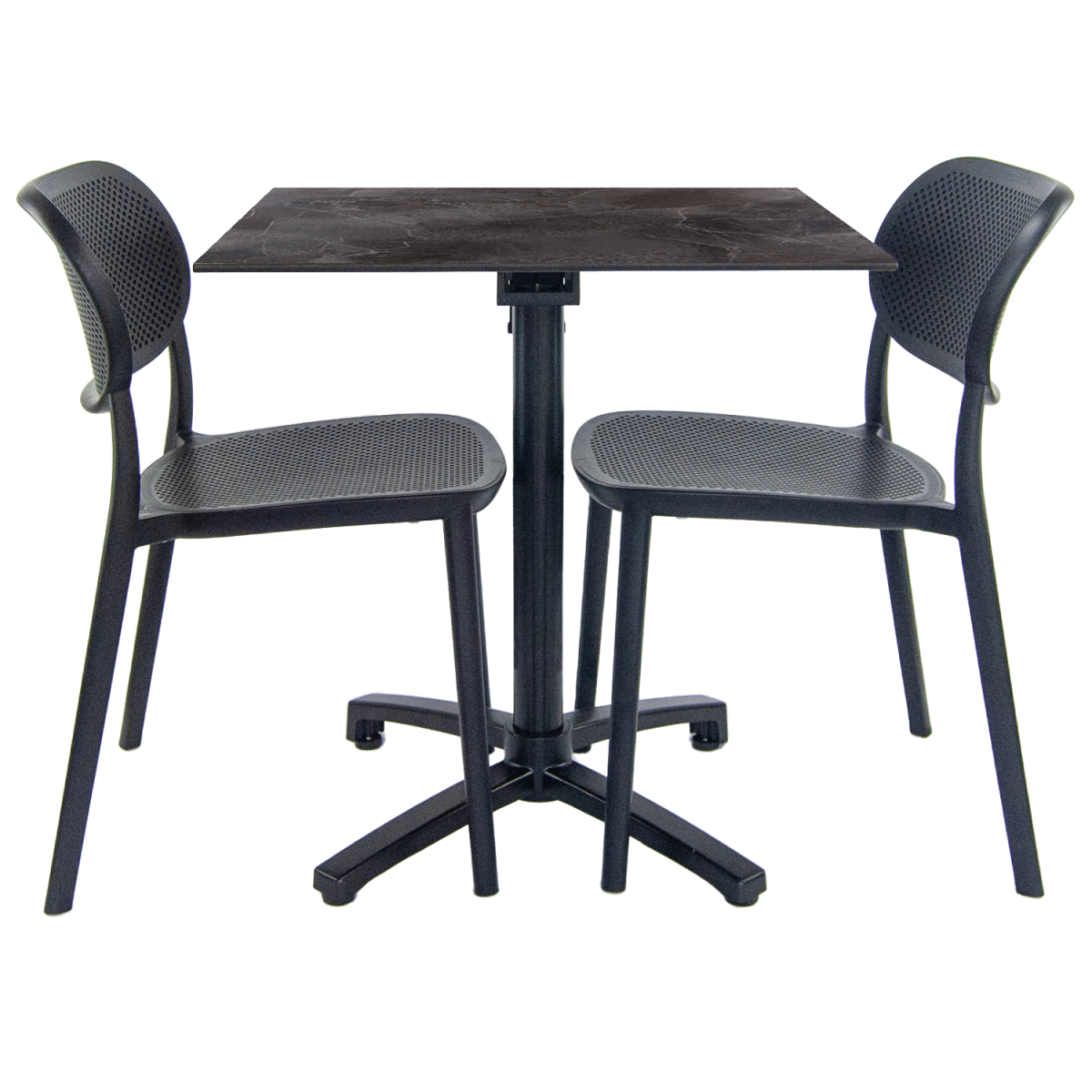 RestooTab Terrassenset Klapptisch Diabolo - 2 Stühle 70x70x73 cm (LxBxH); Platte dunkelgrau, Gestell schwarz; quadratisch