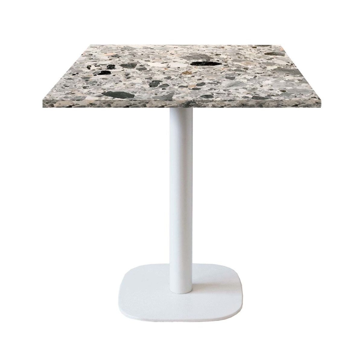 RestooTab Tisch Round quadratisch Gestell weiß - Dekor Stein 70x70x75 cm (LxBxH); Platte grau/terrazzo, Gestell weiß; quadratisch