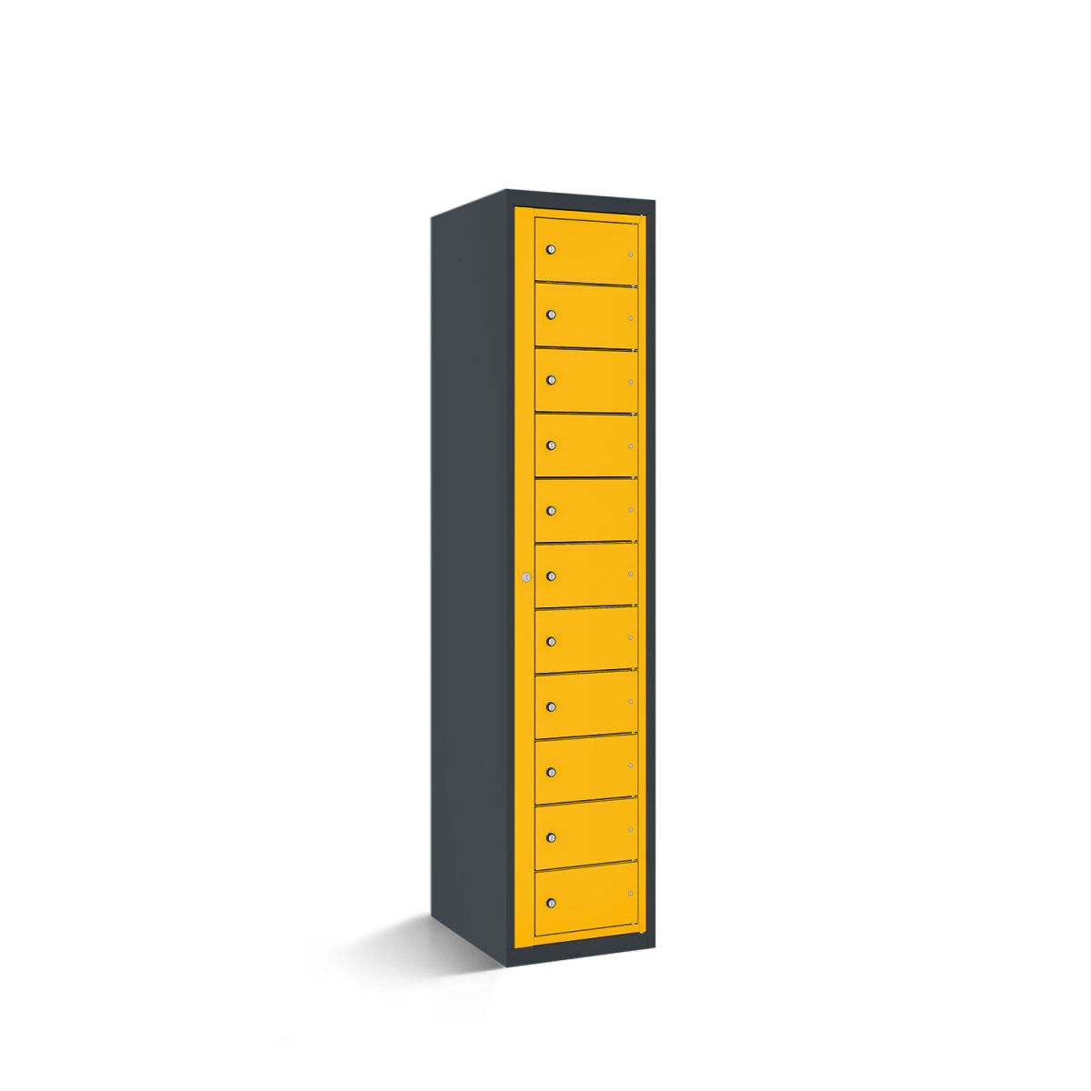 rotstahl Fächerschrank mit Zentraltür 11 Fächer mit anthrazitgrauem Korpus 40x50x180 cm (BxTxH); gelb