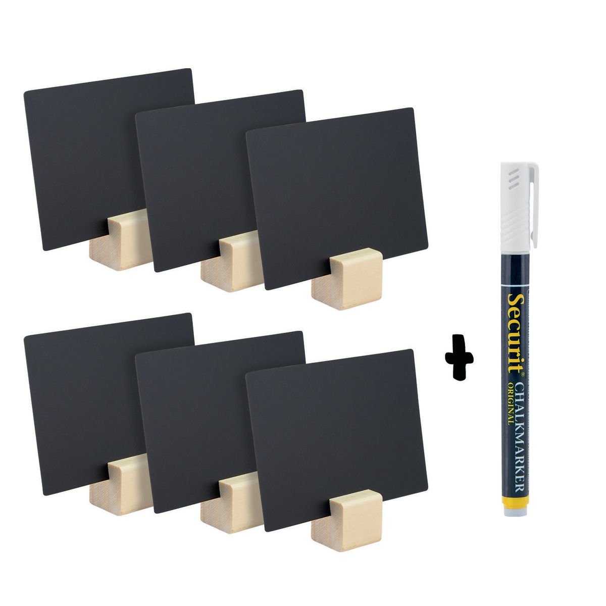 Set di 6 Porta Etichette in legno + 6 Etichette Lavagna - Supporto verticale da superficie orizzontale - Pennarello gesso incluso Securit; 10x7.5 cm (LxH); marrone