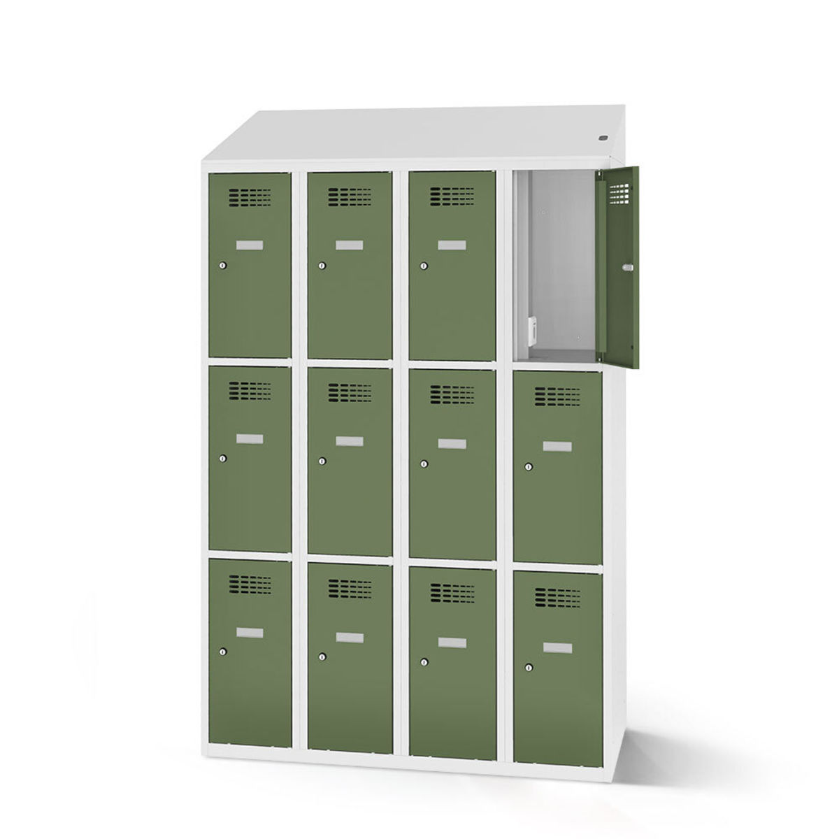 rotstahl Fächerschrank mit Ladefunktion 12 Fächer 4x3 mit lichtgrauem Korpus 120x200 cm (BxH); hellgrün
