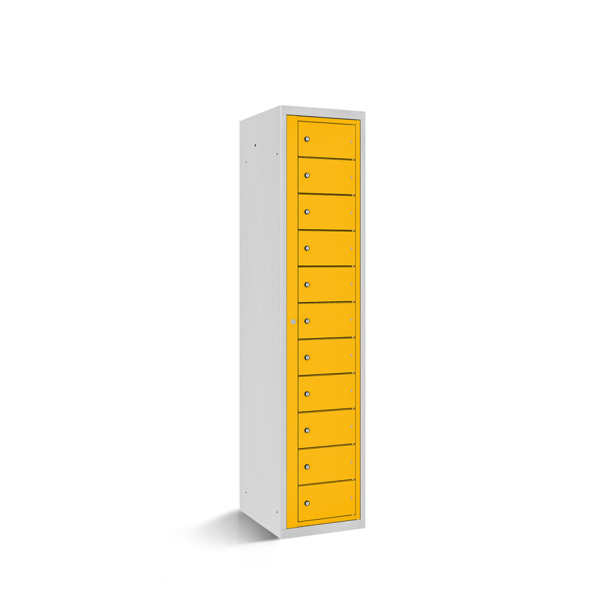 rotstahl Fächerschrank mit Zentraltür 11 Fächer mit lichtgrauem Korpus 40x50x180 cm (BxTxH); gelb