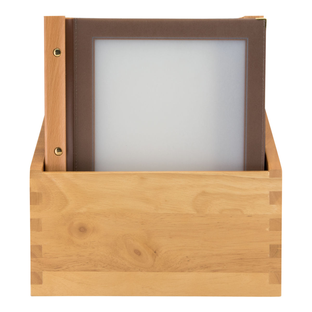 Box con 20 portamenù A4 Wood in legno con finitura teak – 4 viste Securit; 30x33 cm (LxH); marrone