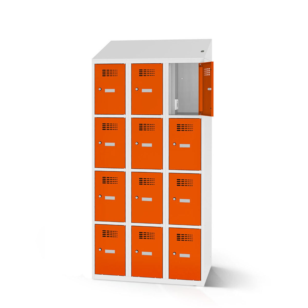 rotstahl Fächerschrank mit Ladefunktion 12 Fächer 3x4 mit lichtgrauem Korpus 90x200 cm (BxH); orange