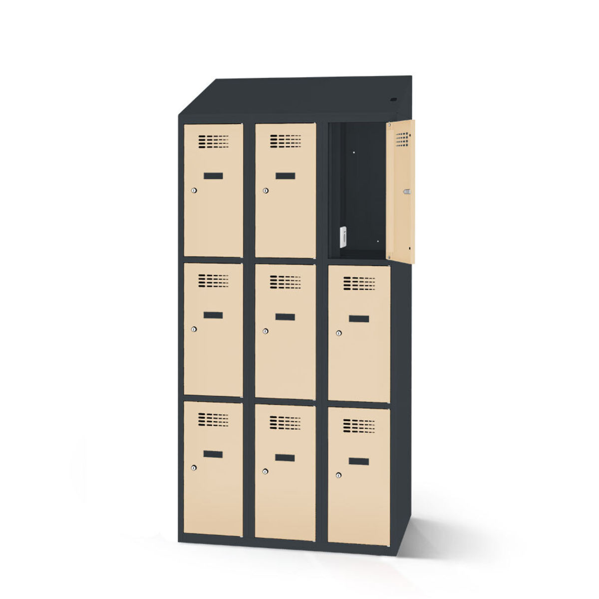 rotstahl Fächerschrank mit Ladefunktion 9 Fächer mit anthrazitgrauem Korpus 90x200 cm (BxH); elfenbein