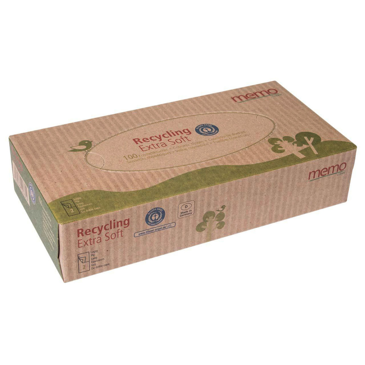 memo memo Kosmetiktücher Recycling Extra Soft 100 Stück, 2-lagig; 23x11.4 cm (LxB); weiß; 100 Stück / Pack