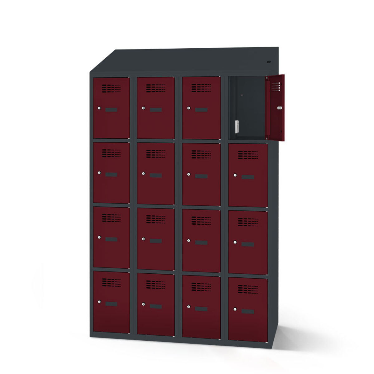 rotstahl Fächerschrank mit Ladefunktion 16 Fächer mit anthrazitgrauem Korpus 120x200 cm (BxH); bordeaux