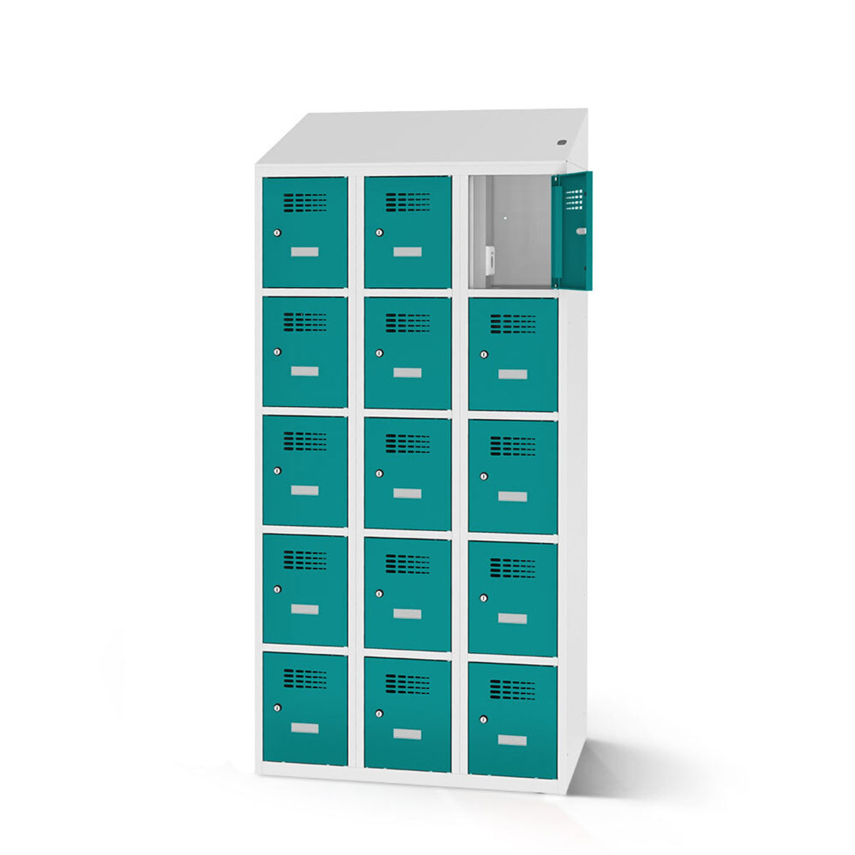 rotstahl Fächerschrank mit Ladefunktion 15 Fächer mit lichtgrauem Korpus 90x200 cm (BxH); türkis