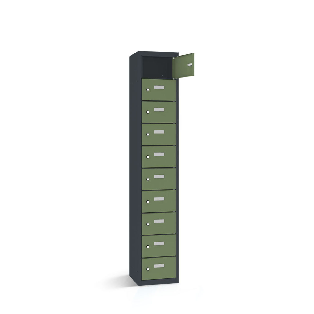 rotstahl Wertfachschrank 10 Fächer mit anthrazitgrauem Korpus 32.5x30x180 cm (BxTxH); hellgrün