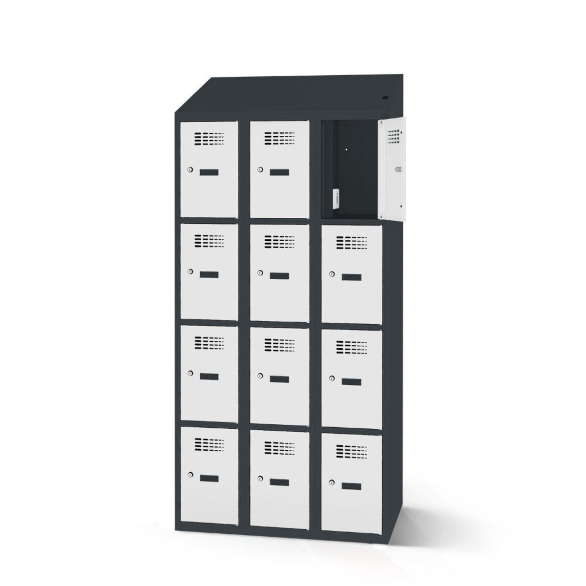 rotstahl Fächerschrank mit Ladefunktion 12 Fächer 3x4 mit anthrazitgrauem Korpus 90x200 cm (BxH); hellgrau
