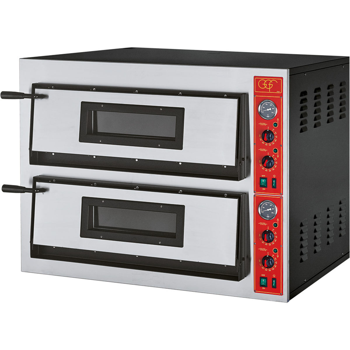 GGF Pizzaofen mit zwei Kammern für 8 Pizzen Ø 360 mm, Vollschamott, 12 kW 101x85x75 cm (BxTxH); silber/schwarz