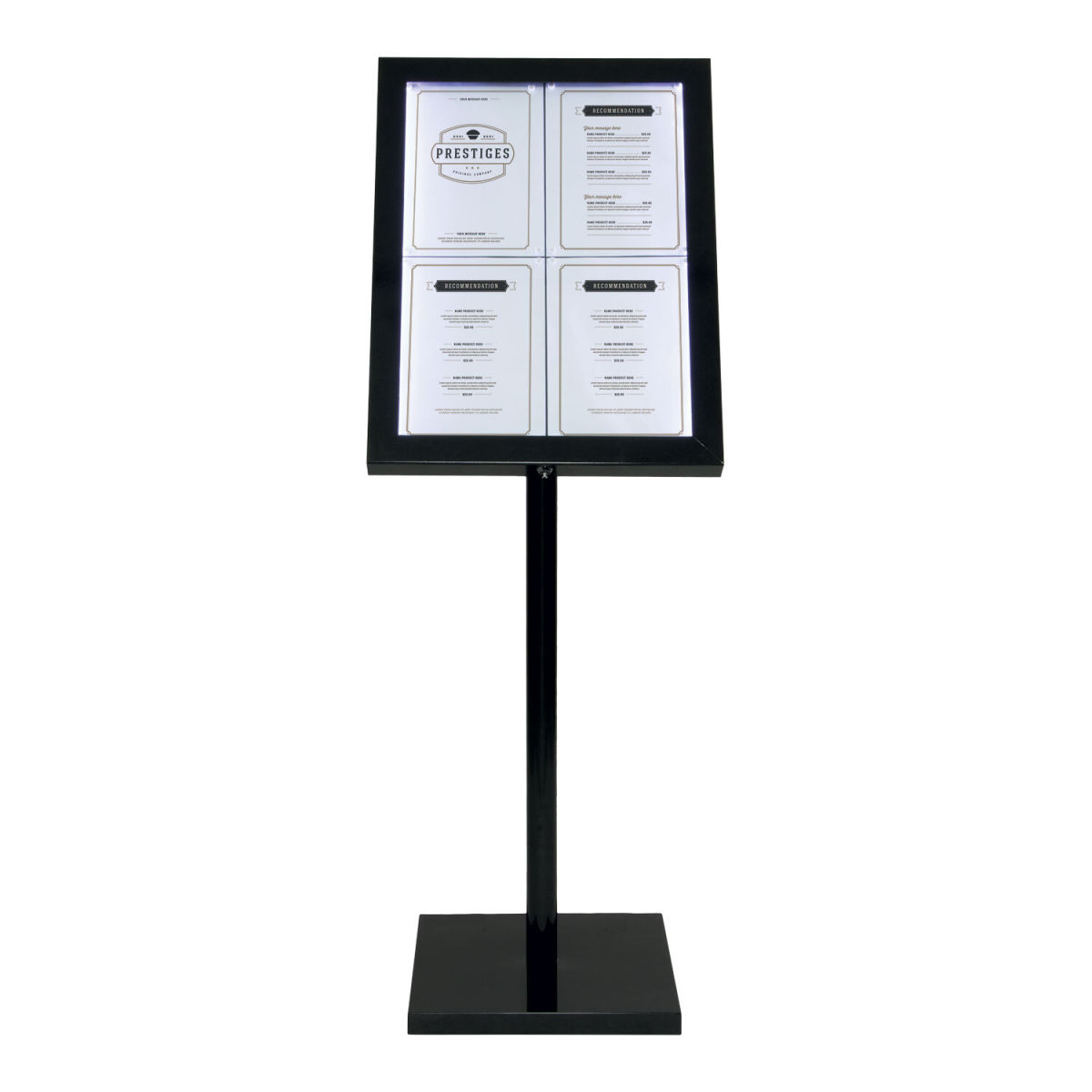 Espositore porta-menu LED A4 Black Star - Acciaio verniciato nero - Set completo con piede + base - 4 lati Securit; 50x24.7x138 cm (LxPxH); nero