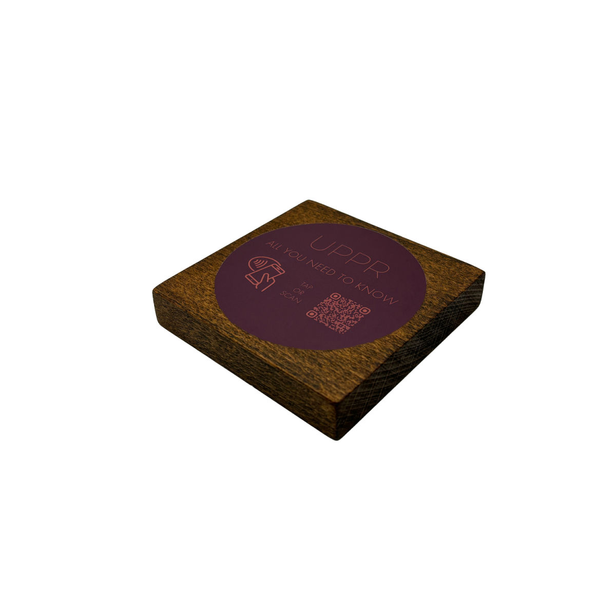 PRODUCTMATE Tischaufsteller liegend schräg mit QR-Code Aufkleber glänzend und NFC-Chip 11x11 cm (BxH); buche/dunkelbraun; 25 Stück / Pack