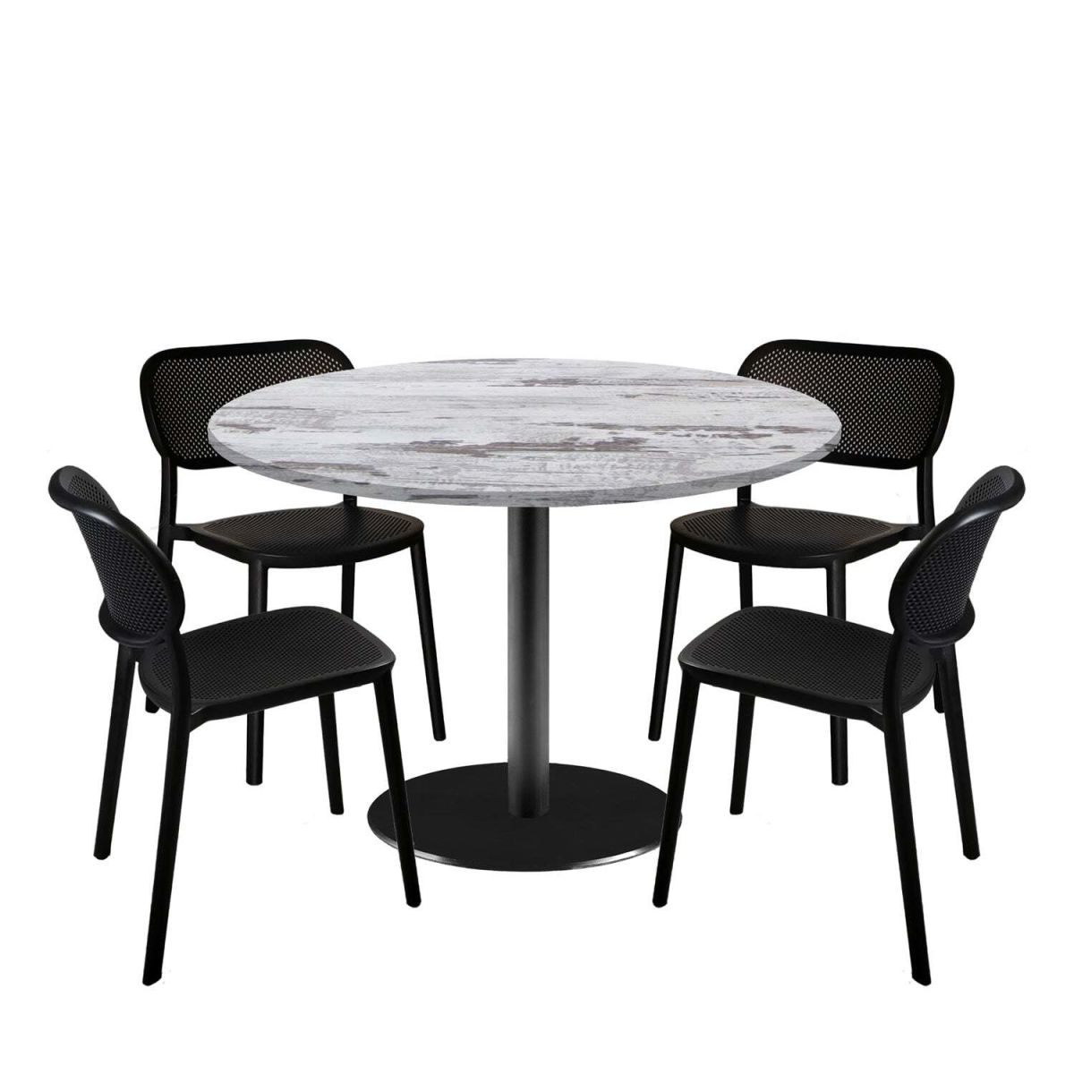 RestooTab Esstisch-Set Rome XL mit 4 Stühlen - Dekor Holz 120x120x75x120 cm (LxBxHxØ); eiche/weiß; Gestell schwarz; rund