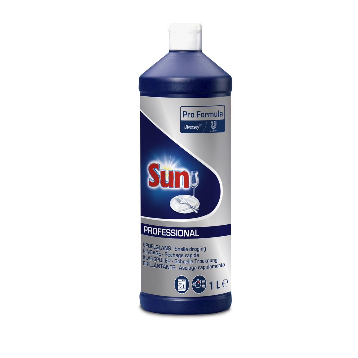 Diversey Sun Professional Klarspüler, Universell einsetzbarer neutraler Klarspüler 1 l, 27.6x14.1x357 cm (LxBxH); blau; 6 Stück / Pack