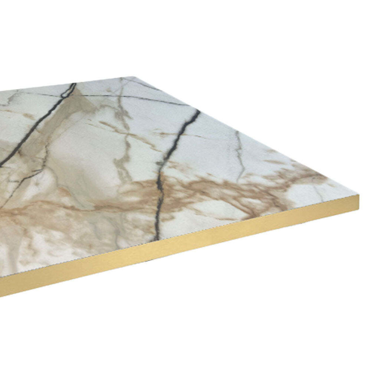 Piano tavolo rettangolare, decoro in marmo chiaro, bordi color ottone RestooTab; 160x80 cm (LxL); bianco lana/grigio/ottone; rettangolare
