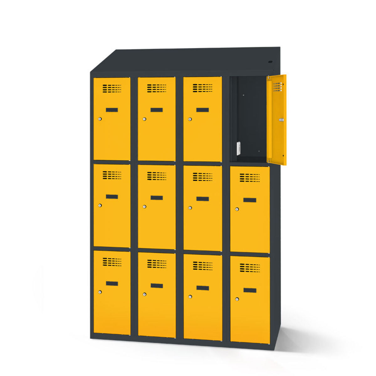 rotstahl Fächerschrank mit Ladefunktion 12 Fächer 4x3 mit anthrazitgrauem Korpus 120x200 cm (BxH); gelb