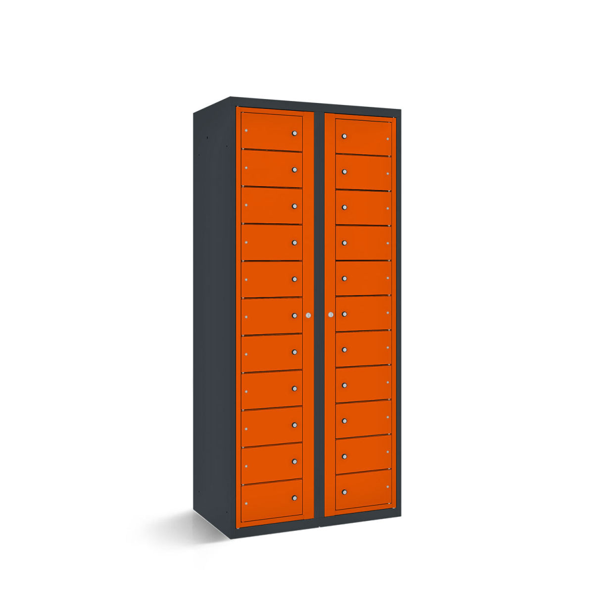 rotstahl Fächerschrank mit Zentraltüren 22 Fächer mit anthrazitgrauem Korpus 80x50x180 cm (BxTxH); orange