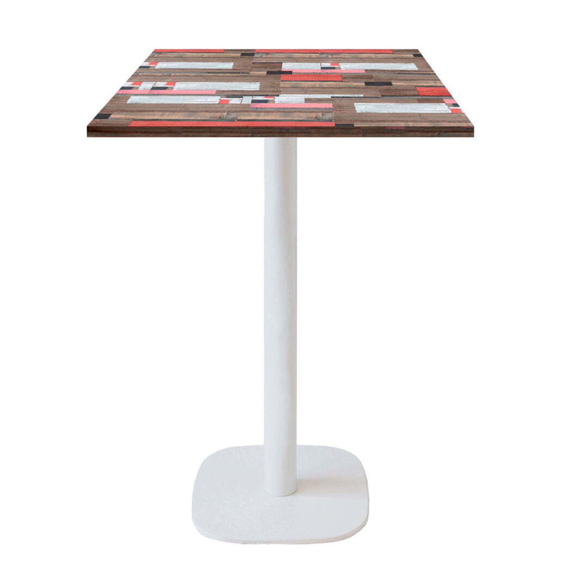 RestooTab Stehtisch Round quadratisch Gestell weiß - Dekor Holz & Uni 60x60x113 cm (LxBxH); Platte mehrfarbig, Gestell weiß; quadratisch