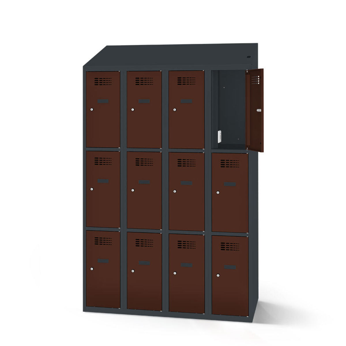 rotstahl Fächerschrank mit Ladefunktion 12 Fächer 4x3 mit anthrazitgrauem Korpus 120x200 cm (BxH); mahagoni