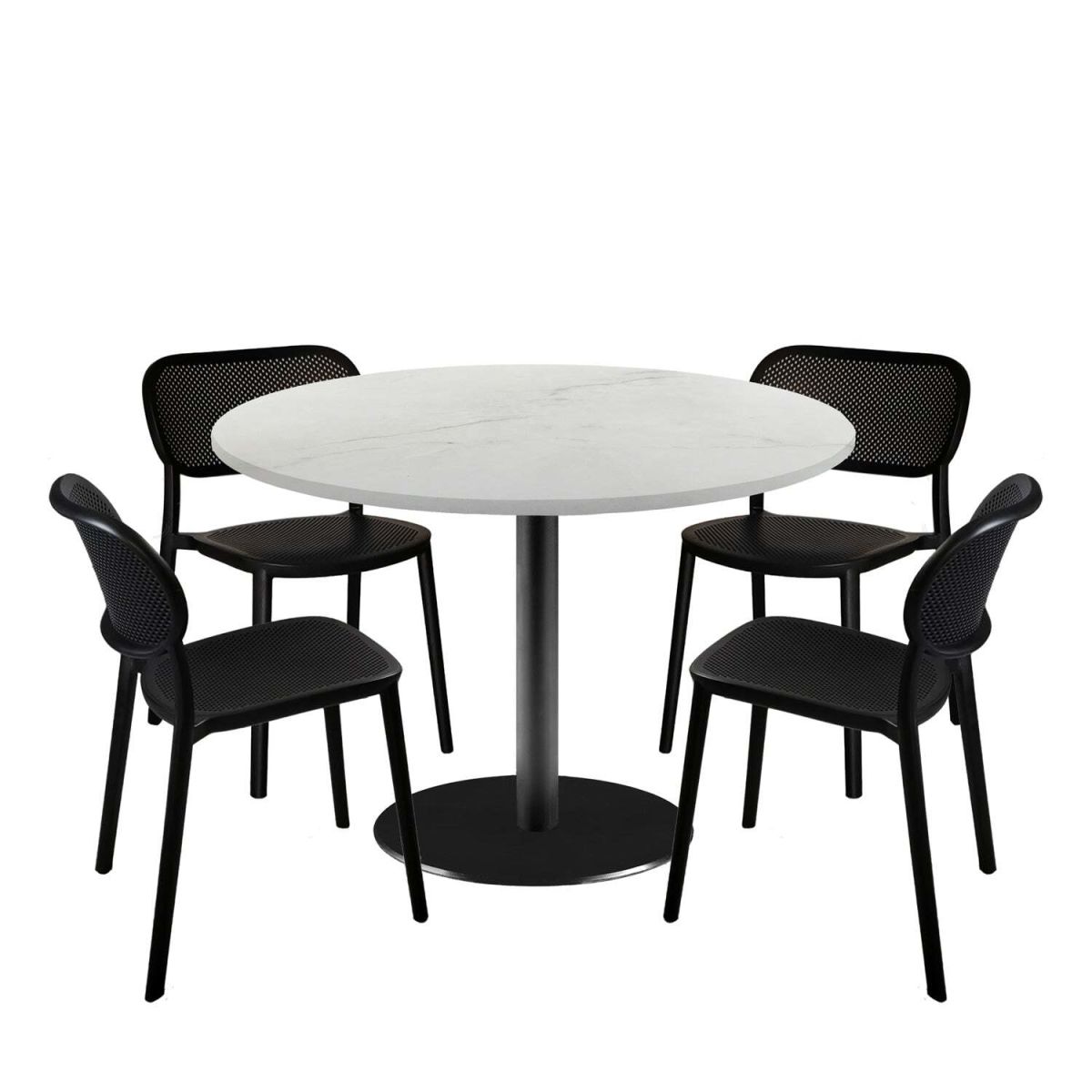 RestooTab Esstisch-Set Rome XL mit 4 Stühlen - Dekor Stein 120x120x75x120 cm (LxBxHxØ); weiß/beige/marmoriert; Gestell schwarz; rund