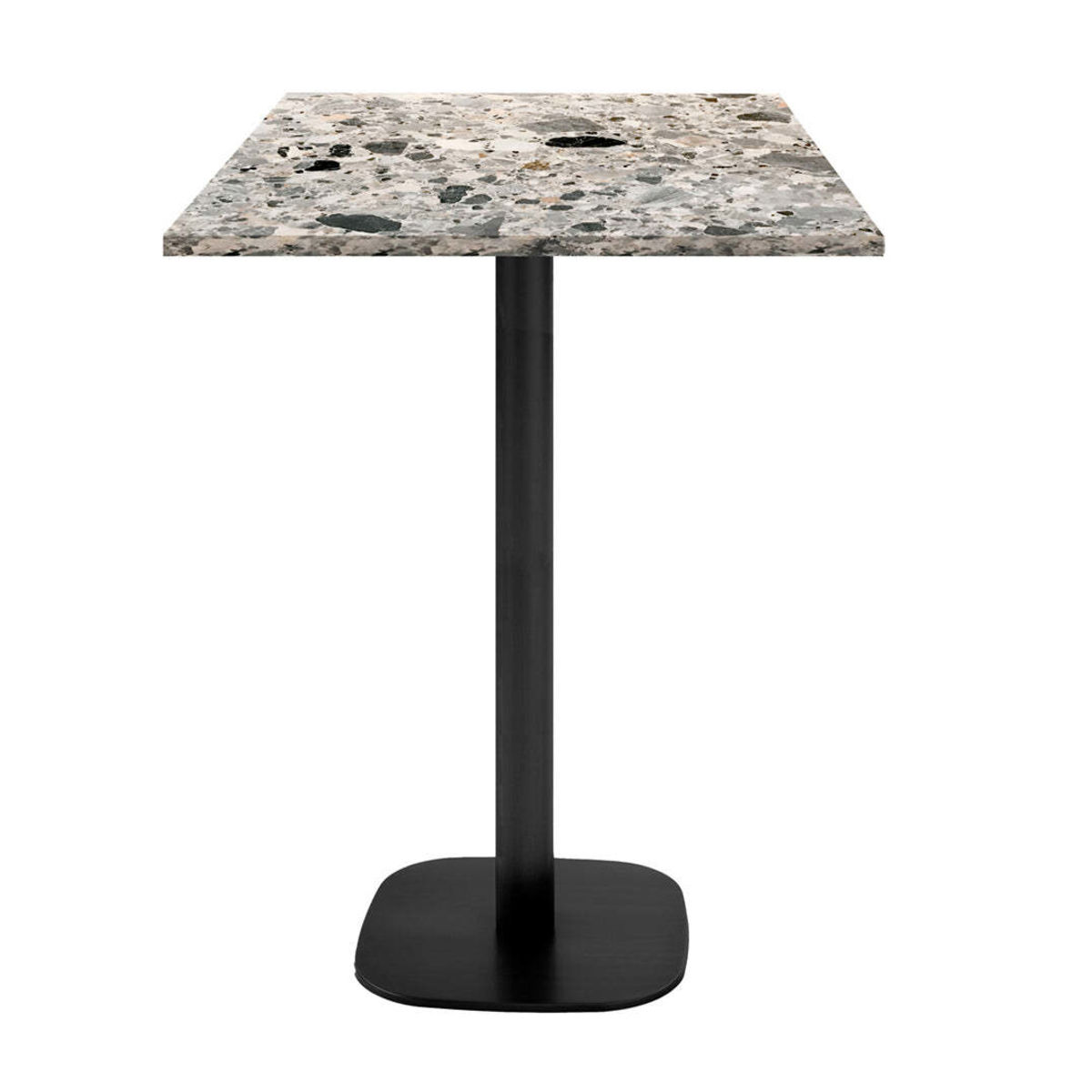 RestooTab Stehtisch Round quadratisch - Dekor Stein & Holz 60x60x113 cm (LxBxH); Platte grau/terrazzo, Gestell schwarz; quadratisch