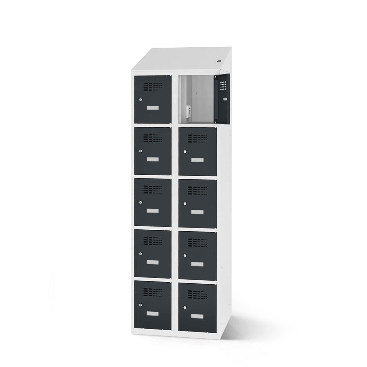 rotstahl Fächerschrank mit Ladefunktion 10 Fächer mit lichtgrauem Korpus 80x200 cm (BxH); anthrazit