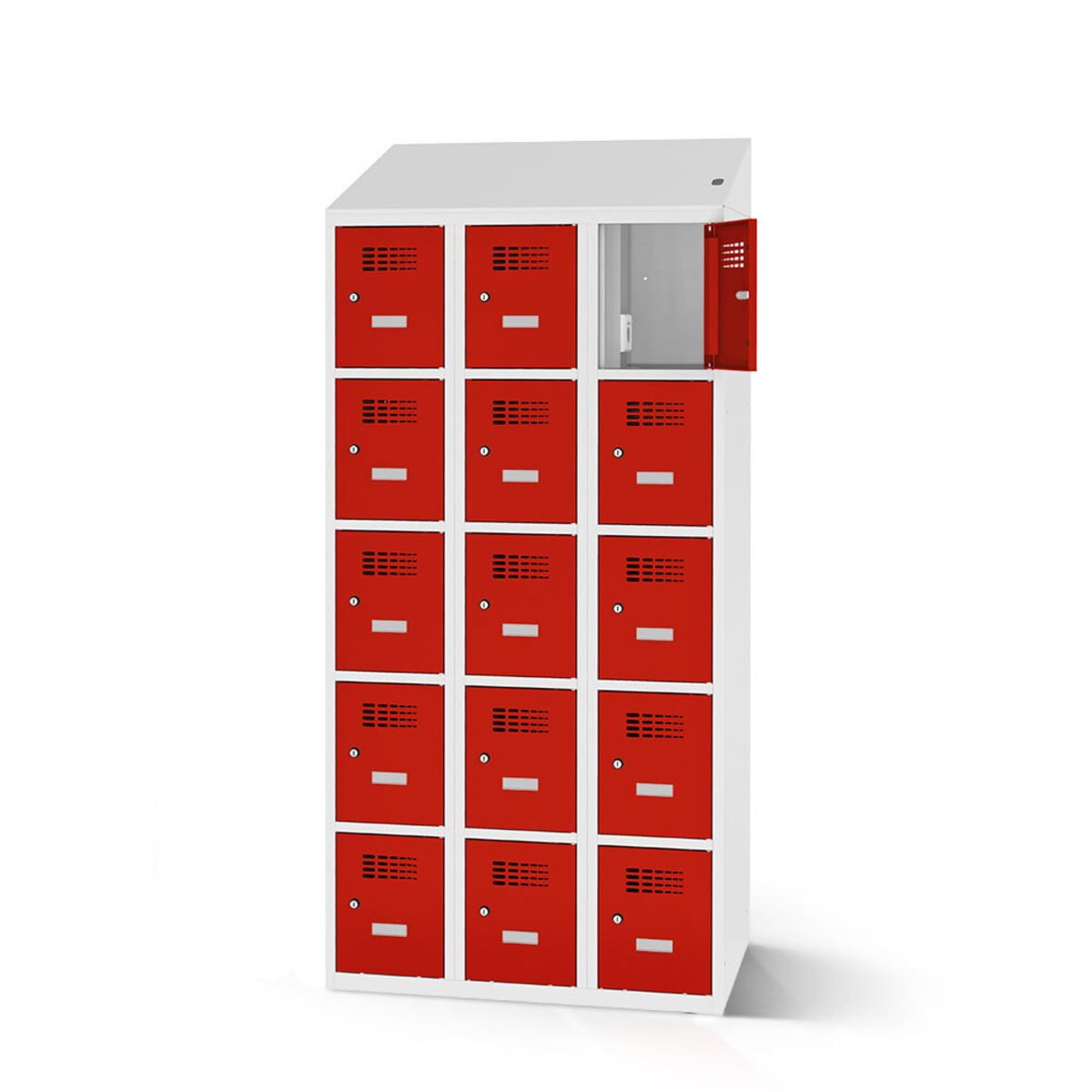 rotstahl Fächerschrank mit Ladefunktion 15 Fächer mit lichtgrauem Korpus 90x200 cm (BxH); rot