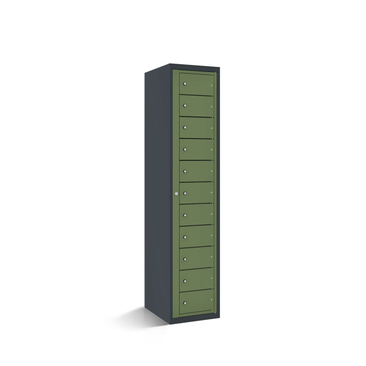 rotstahl Fächerschrank mit Zentraltür 11 Fächer mit anthrazitgrauem Korpus 40x50x180 cm (BxTxH); hellgrün