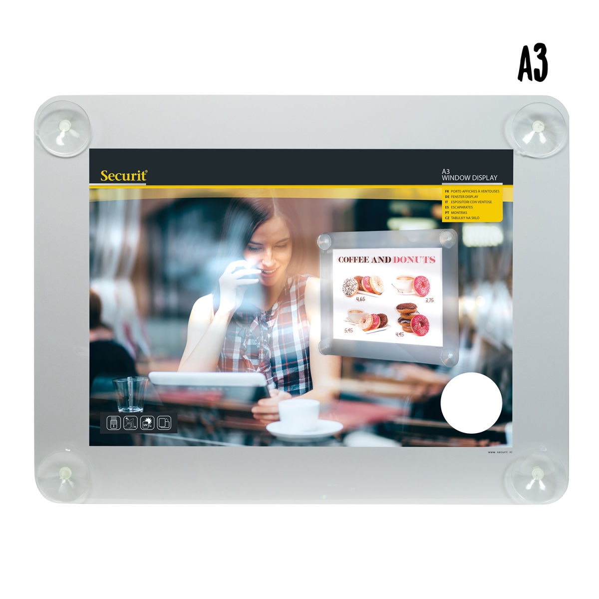 Securit Portamenu A3 per vetrina - Con 4 ventose; 52x39.5 cm (LxH); grigio