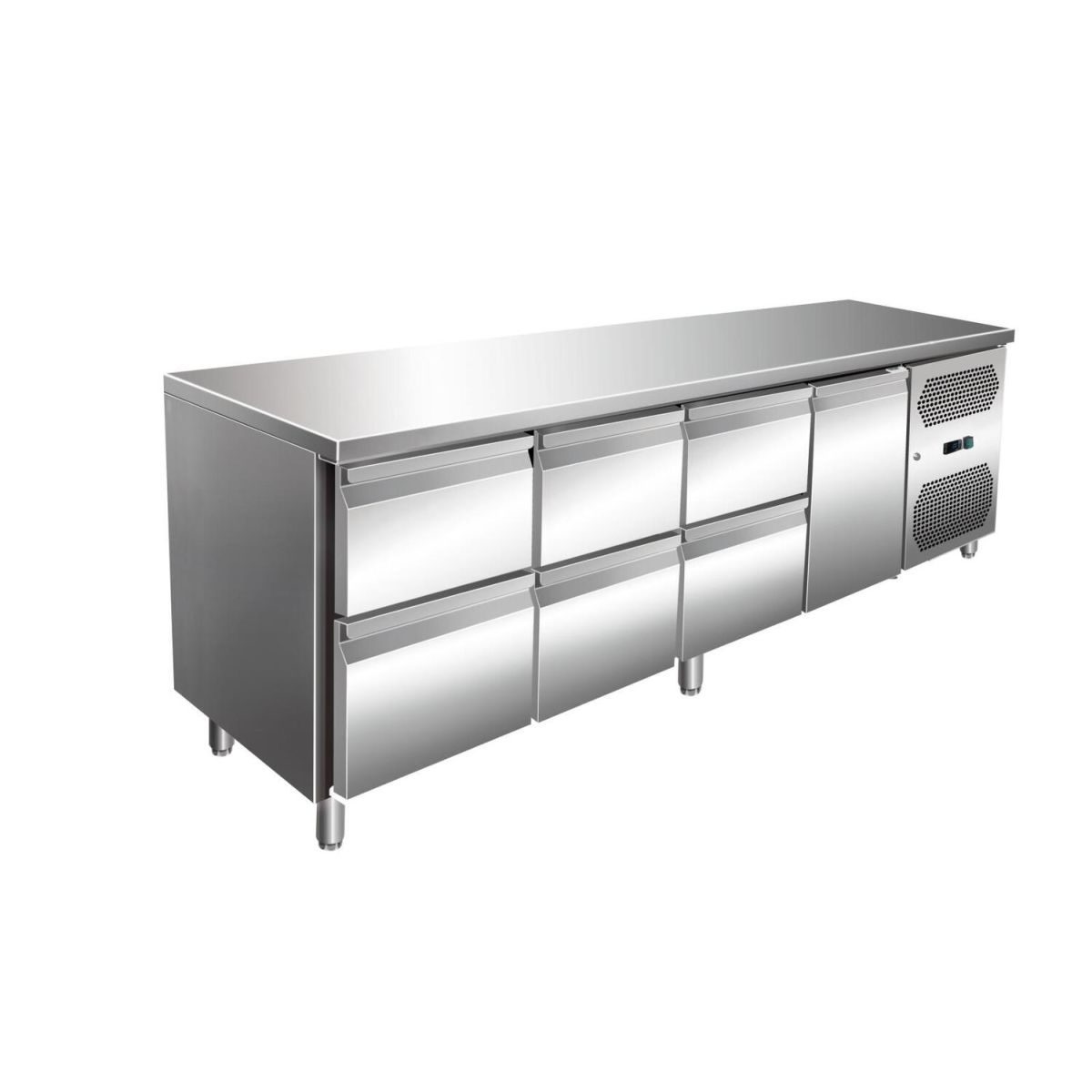 A&S Polarny VIP Kühltisch mit 3x 2 Schubladen und 1 Tür -2 bis +8°C 2.230x700x860 mm 223x86x70 cm (BxHxT); edelstahl