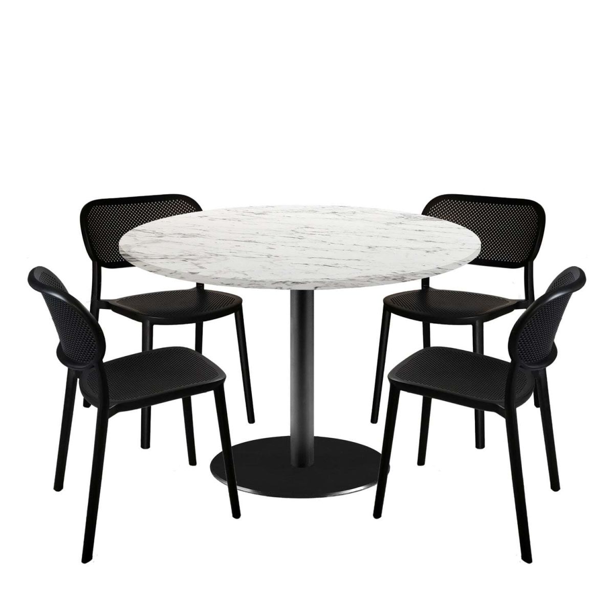 RestooTab Esstisch-Set Rome XL mit 4 Stühlen - Dekor Stein 120x120x75x120 cm (LxBxHxØ); weiß/steingrau/marmoriert; Gestell schwarz; rund